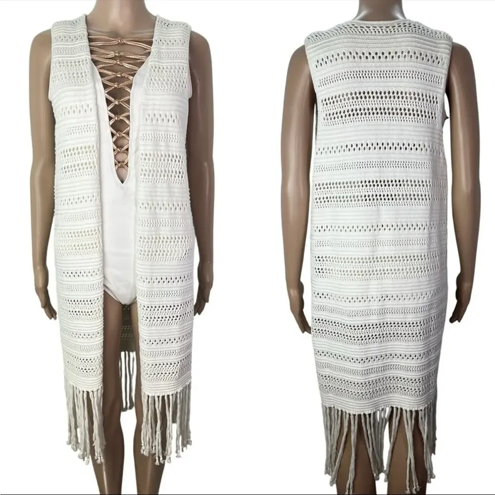 New Aerie Open Front Crochet Knit Fringe Cotton Festival Vest Duster Cover Up